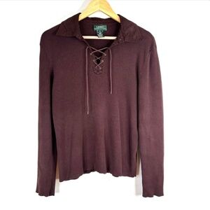 Ralph Lauren Chocolate Brown Sweater XL Lace Up Equestrian Western Old Money